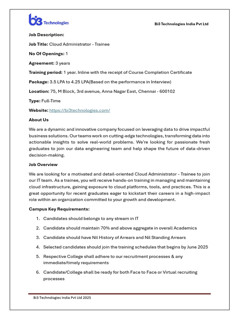 Bi3 Technologies Cloud Admin Trainee Role | PDF | Cloud Computing ...