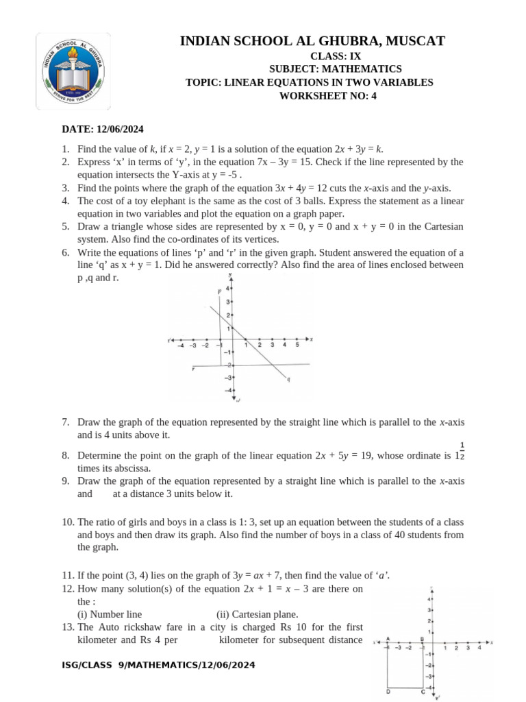 CL 9 WS Linear Equations in Two Variables 24 25 | PDF | Cartesian ...