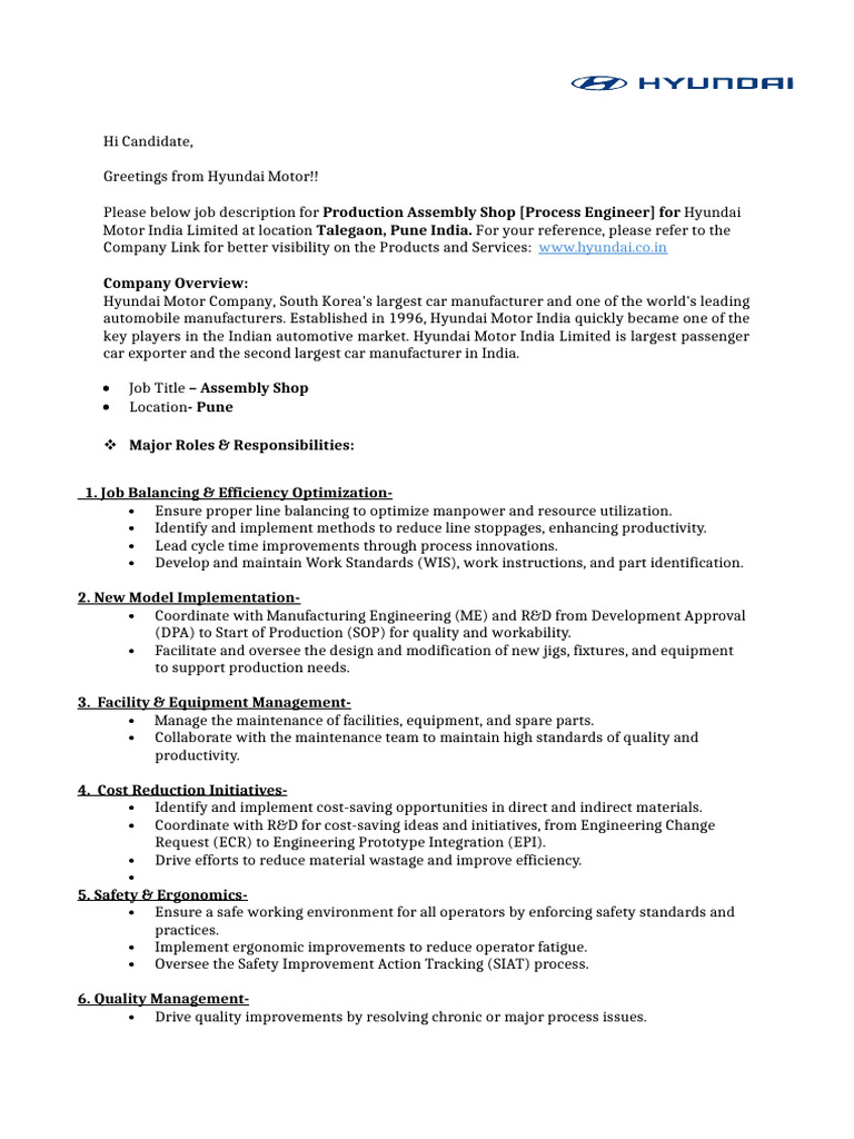 Production Assembly - Process Engineer JD | PDF | Safety | Quality ...