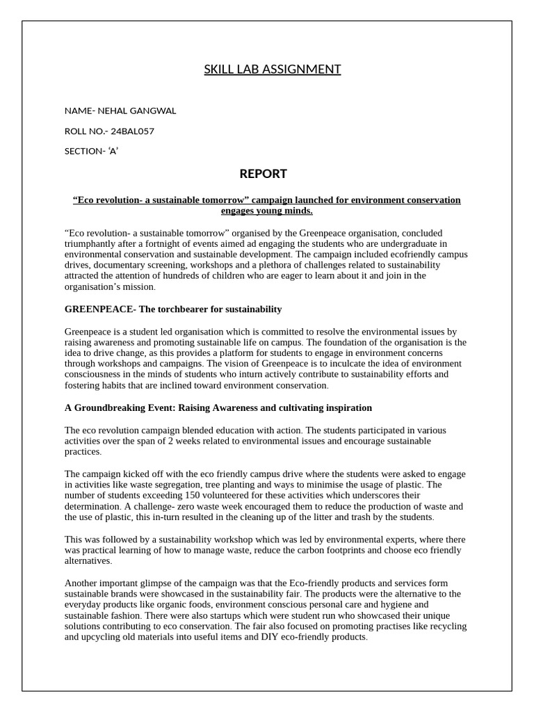 24BAL057 Skill Lab Assignment | PDF | Sustainability | Mentorship
