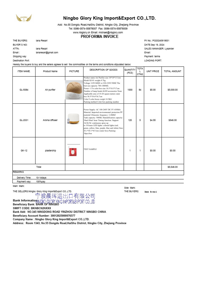 Proforma Invoice for Air Purifier & Diffuser | PDF | Market (Economics ...