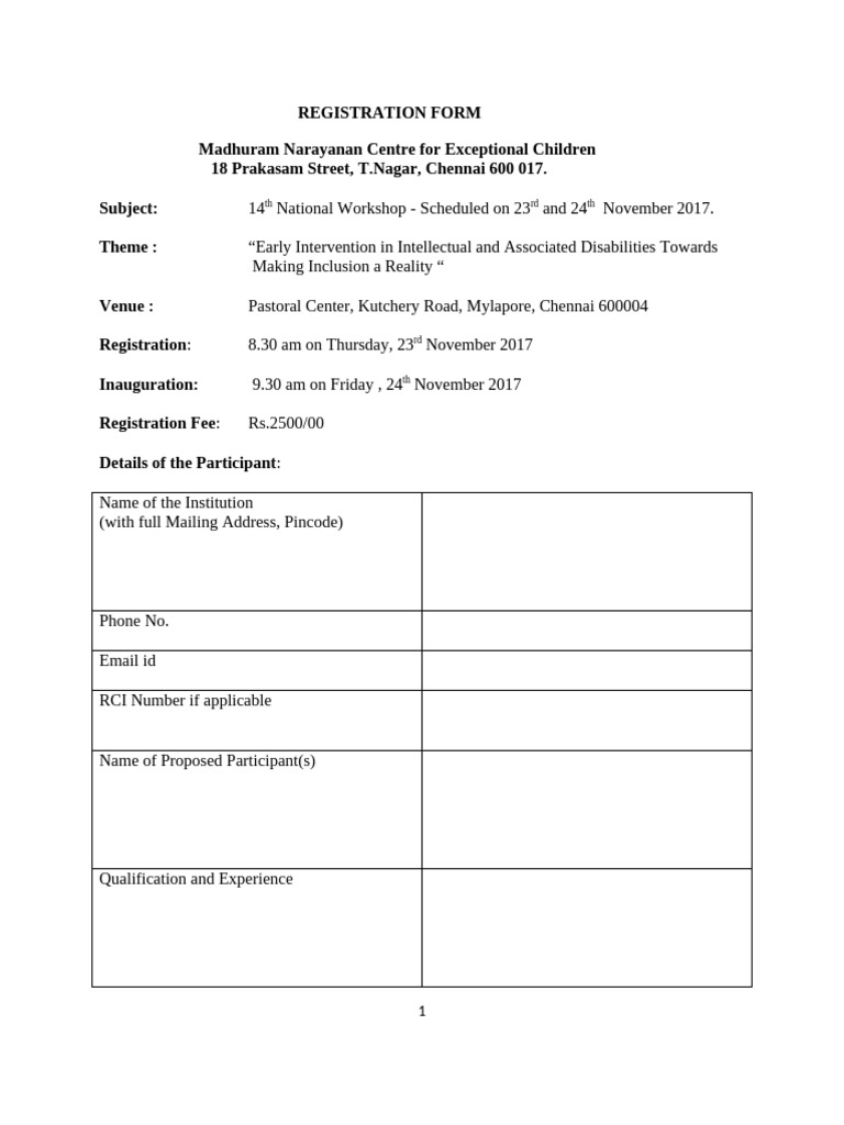 14th National Workshop Registration Form | PDF