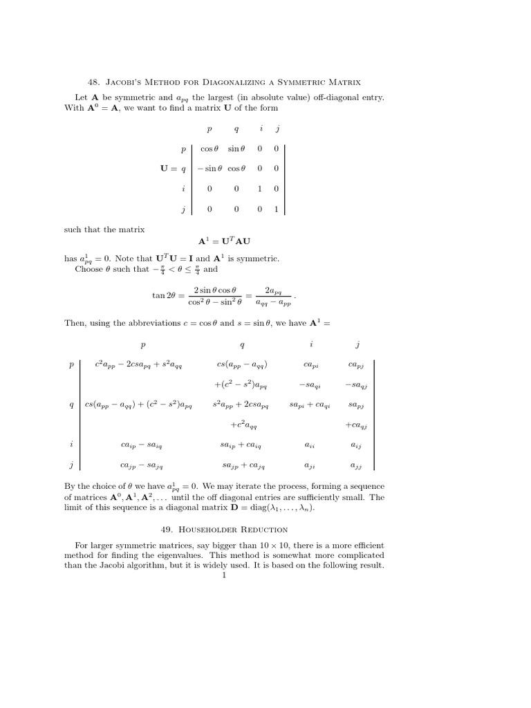 Jacobi and Householder Methods for Symmetric Matrices | PDF | Linear ...