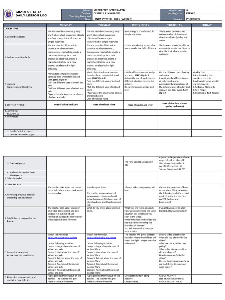 Grade 6 Science Daily Lesson Plan | PDF | Machines | Mechanical Engineering