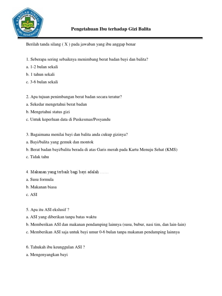 Contoh Kuesioner Untuk Menilai Pengetahuan Ibu Terhadap