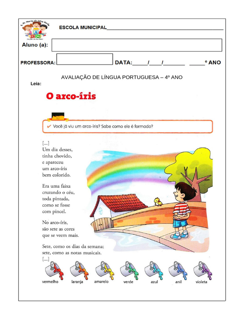 Avaliação de Língua Portuguesa 1º Bimestre | PDF