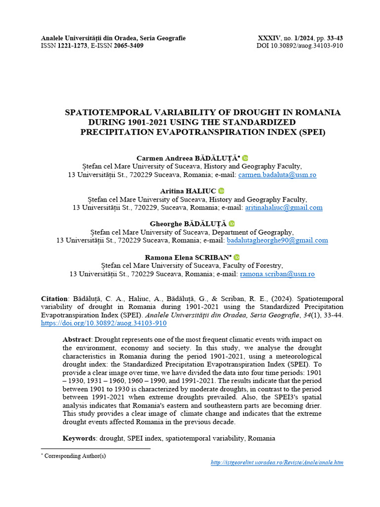 Drought Variability in Romania (1901-2021) | PDF | Climate | Climate Change