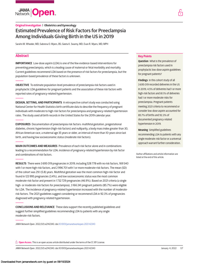 Estimated Pevalence of Risk Factor For Preeclampsia Among Individuals ...