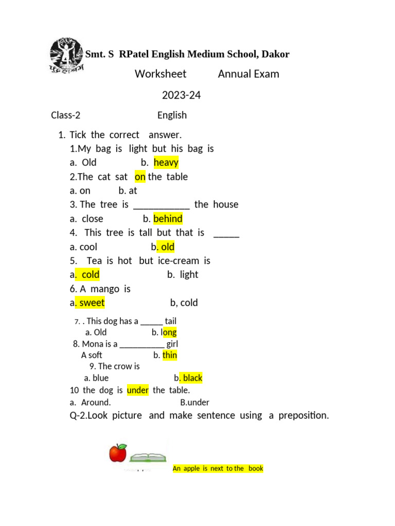 Class 2 English Worksheet with Answers | PDF