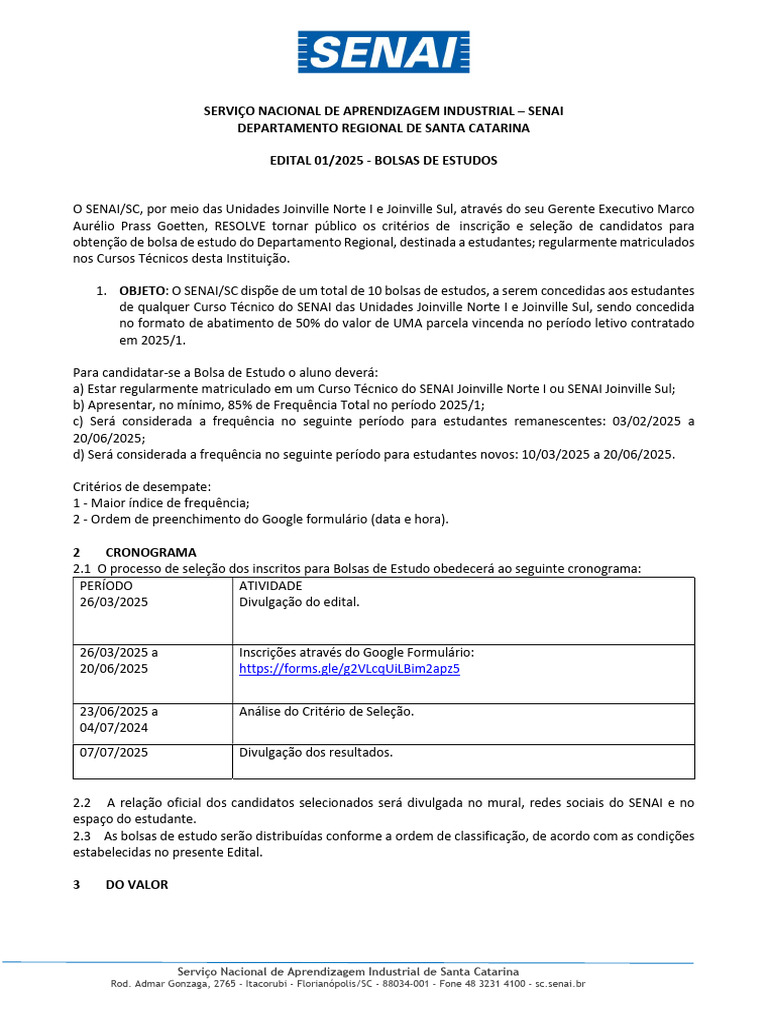 Edital de Bolsas de Estudo SENAI/SC 2025 | PDF