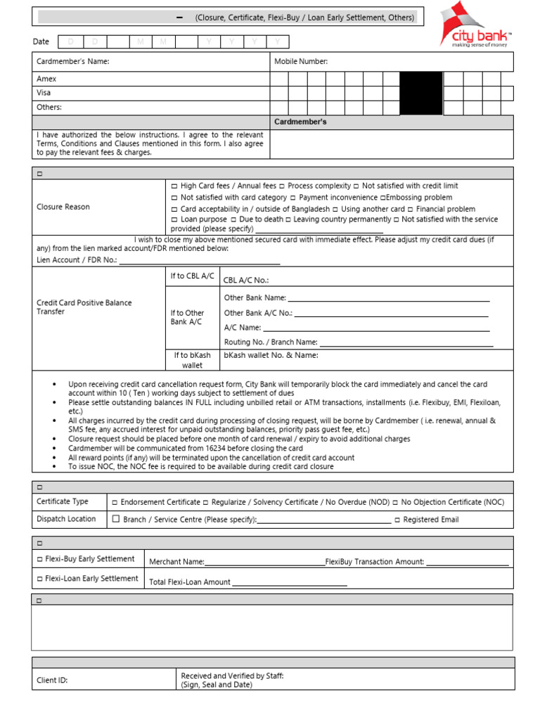 Credit Card Closure and Services Form | PDF | Credit Card | Banks