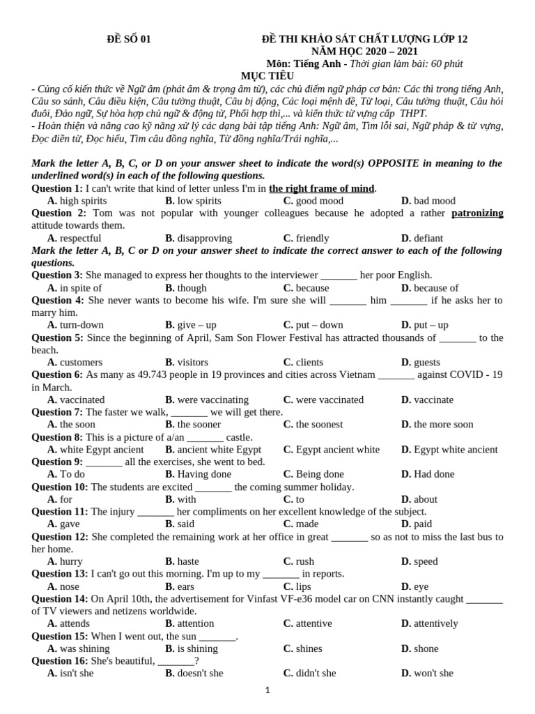 English Test for 12th Grade Students | PDF