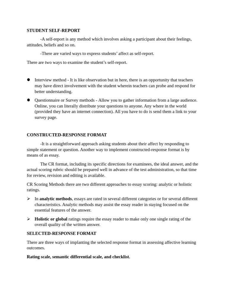 Student Self-Report and Assessment Methods | PDF | Self Report Study ...