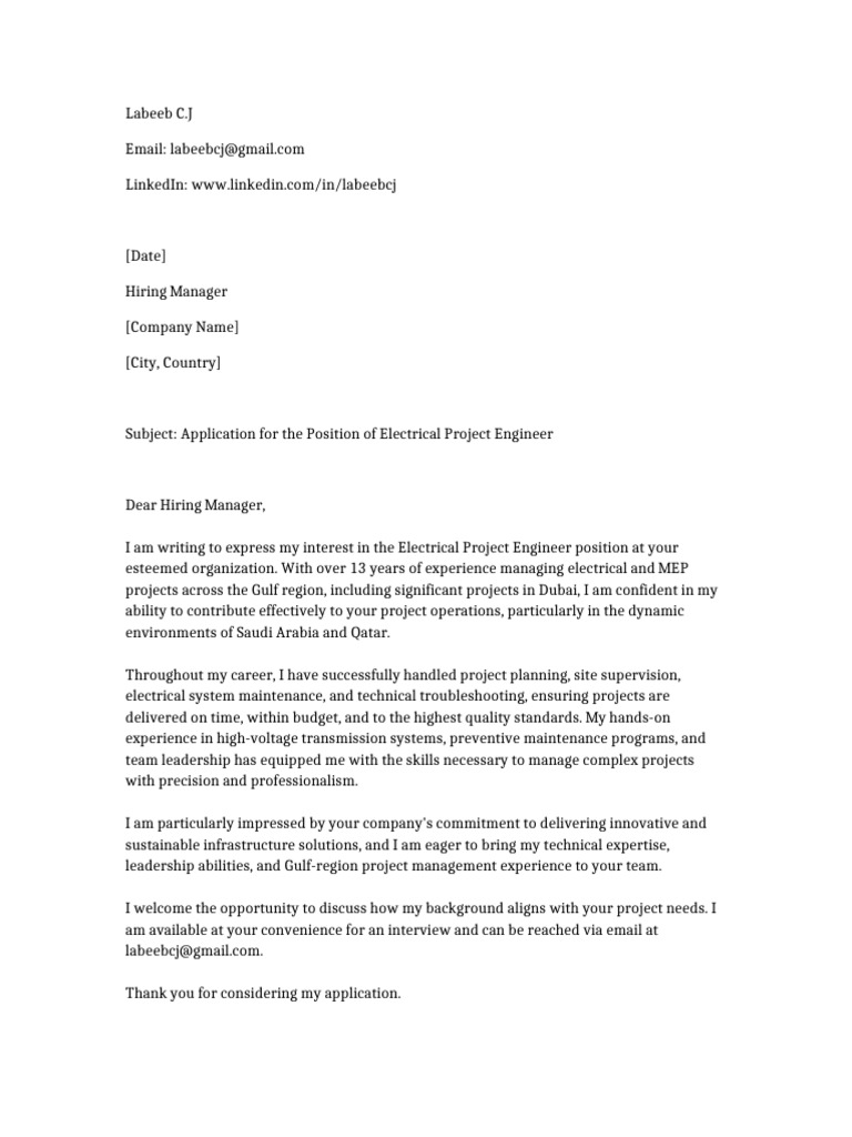 Electrical Project Engineer Application | PDF