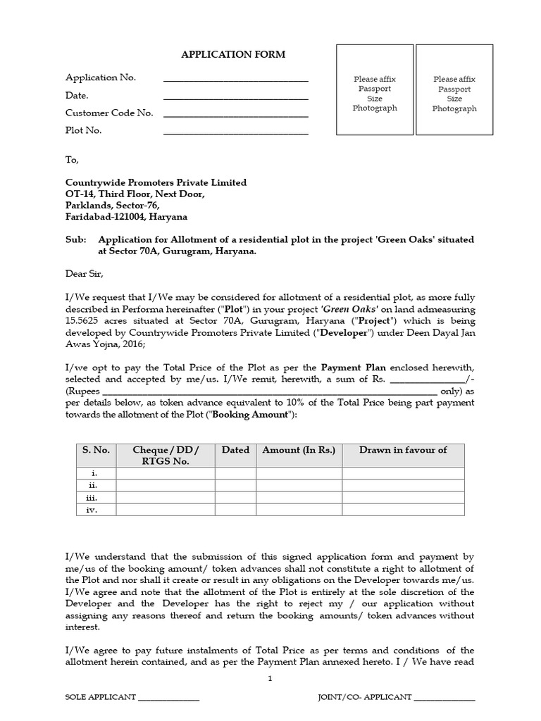 Application for Plot Allotment in Gurugram | PDF | Taxes | Cheque