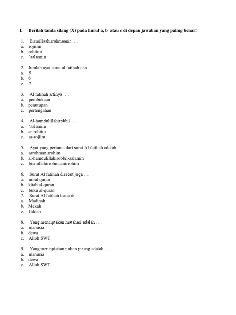 Soal Ujian Agama Kelas 1 Sd Semester 1 2019 Kunci Ujian