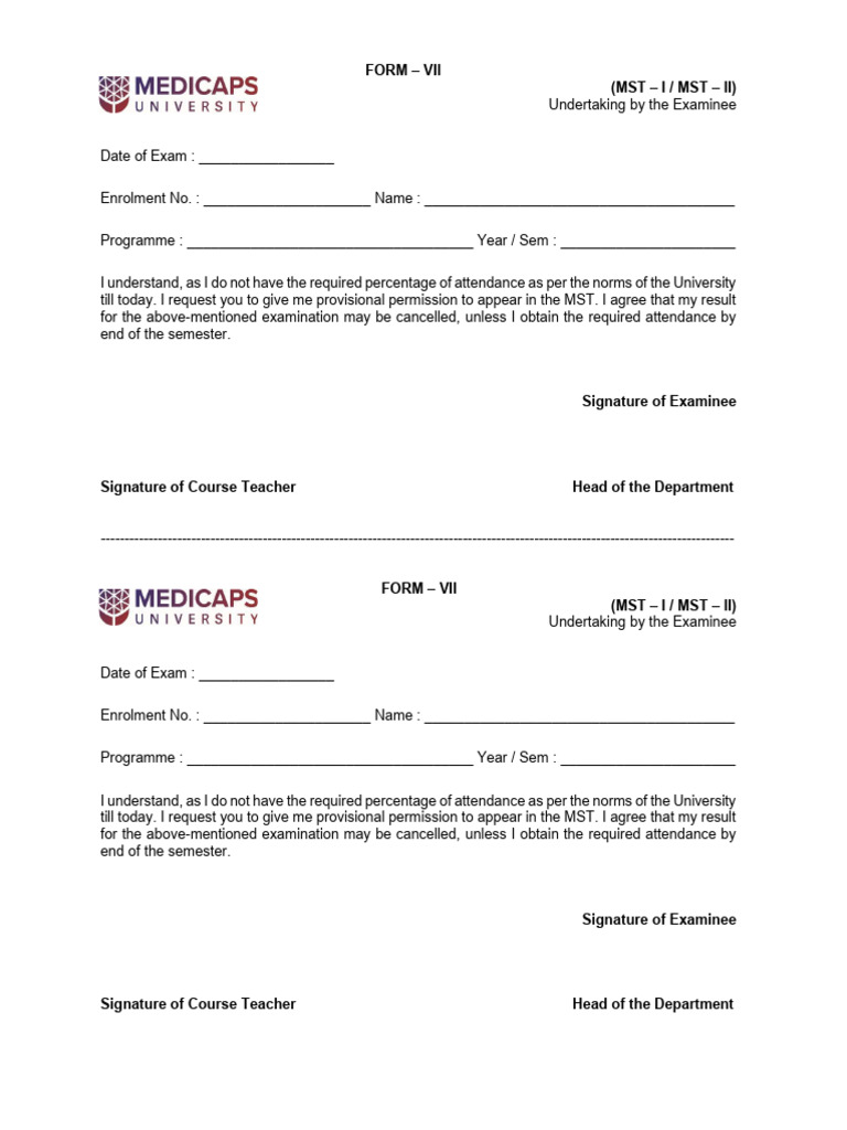 MST Exam Attendance Undertaking Form | PDF