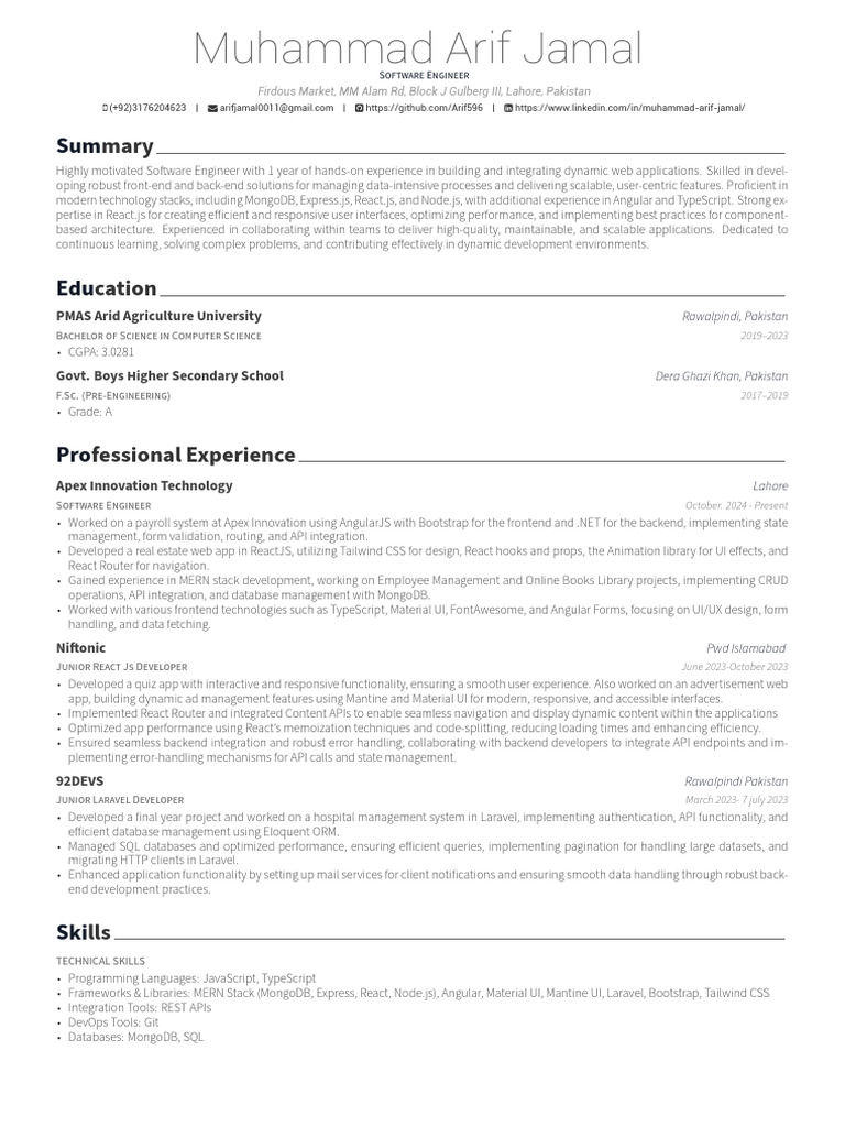 Arif Jamal: Software Engineer Profile | PDF | Databases | Mobile App