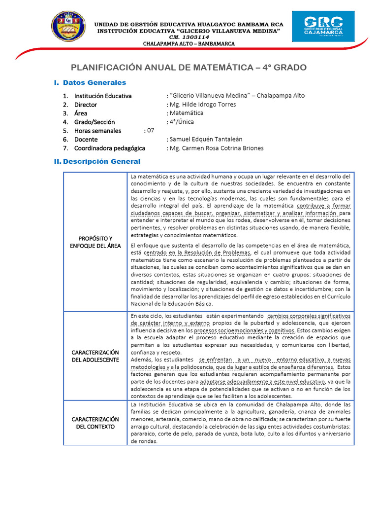 Planificación Anual Matemática 4° Grado | PDF | Ecuaciones | Geometría