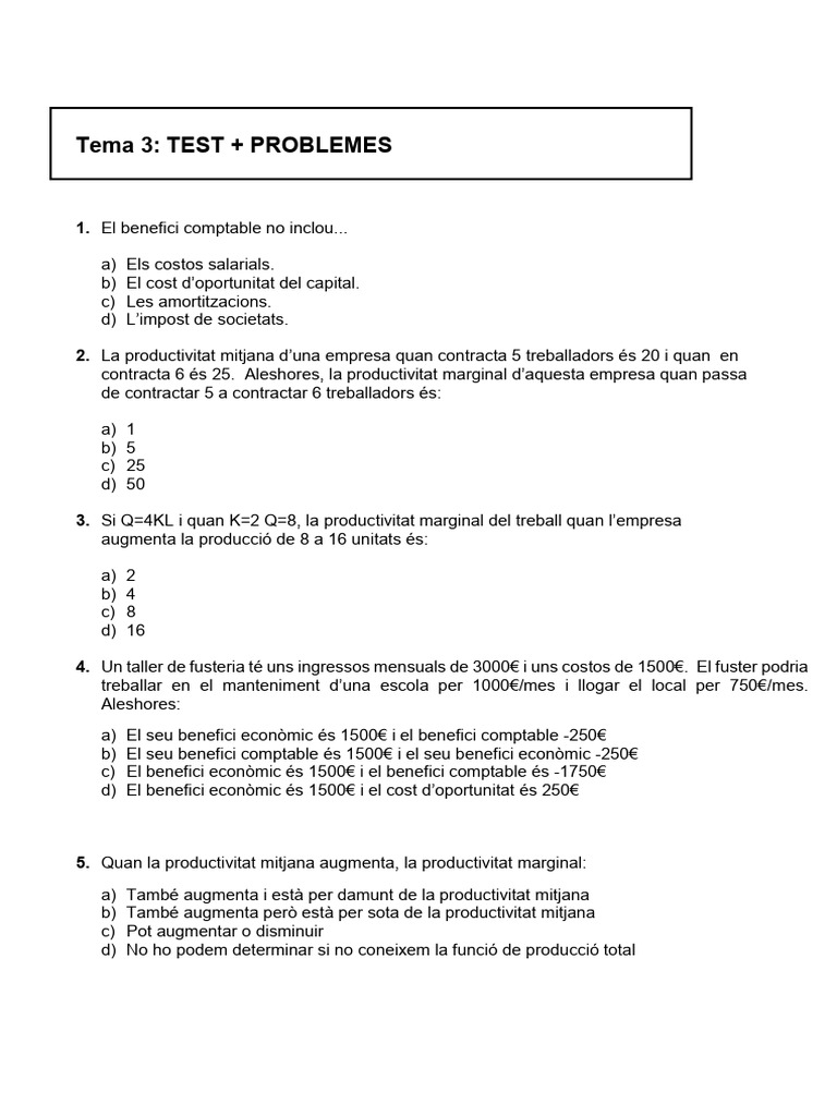 Tema 3 TEST + PROBLEMES Micro-ADE Enuciats2 | PDF