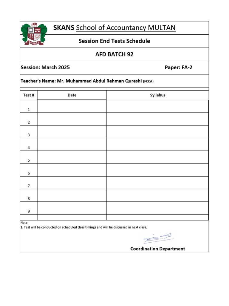 Session End Test Schedule FA2 B92 | PDF