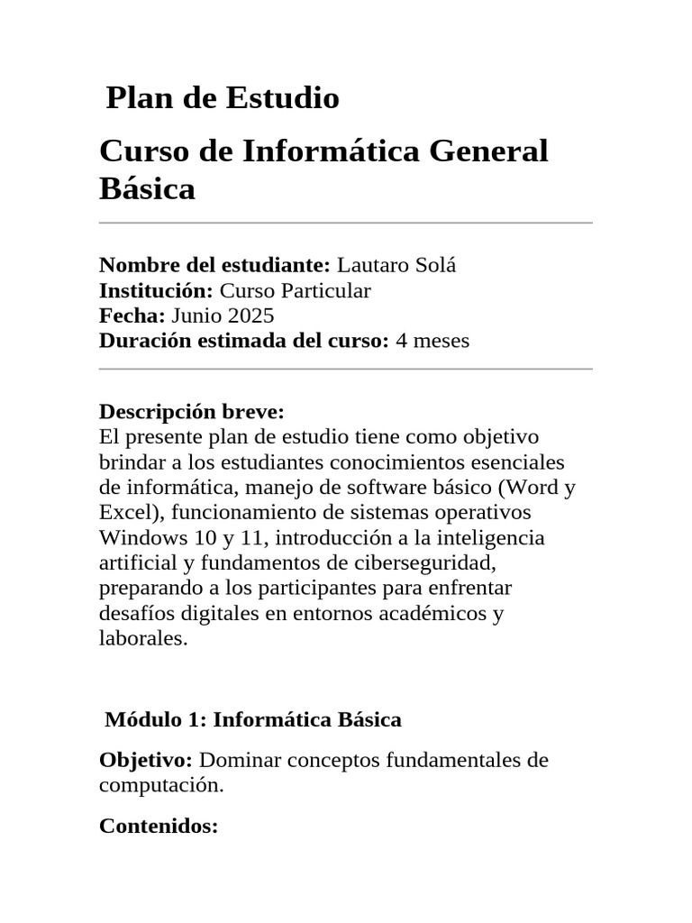 PLAN DE ESTUDIO INFORMATICA BASICA MEJORADO CURSO PARTICULAR 2025 | PDF ...