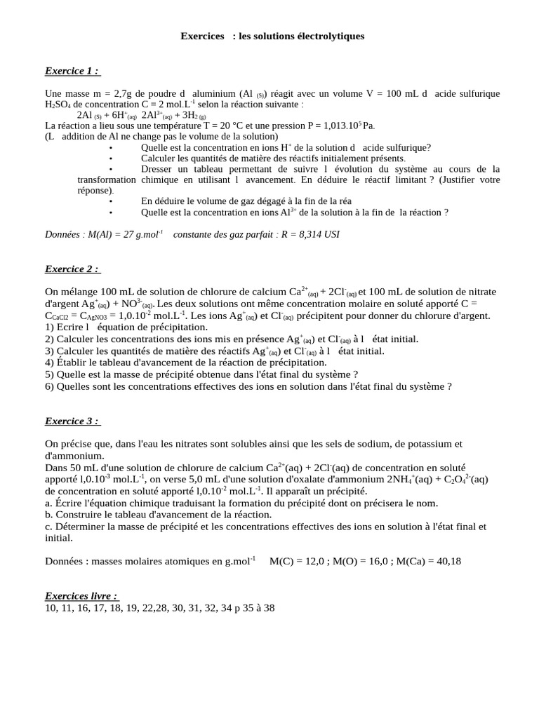 Solutions électrolytiques : exercices et solutions | PDF | Ion | Précipité