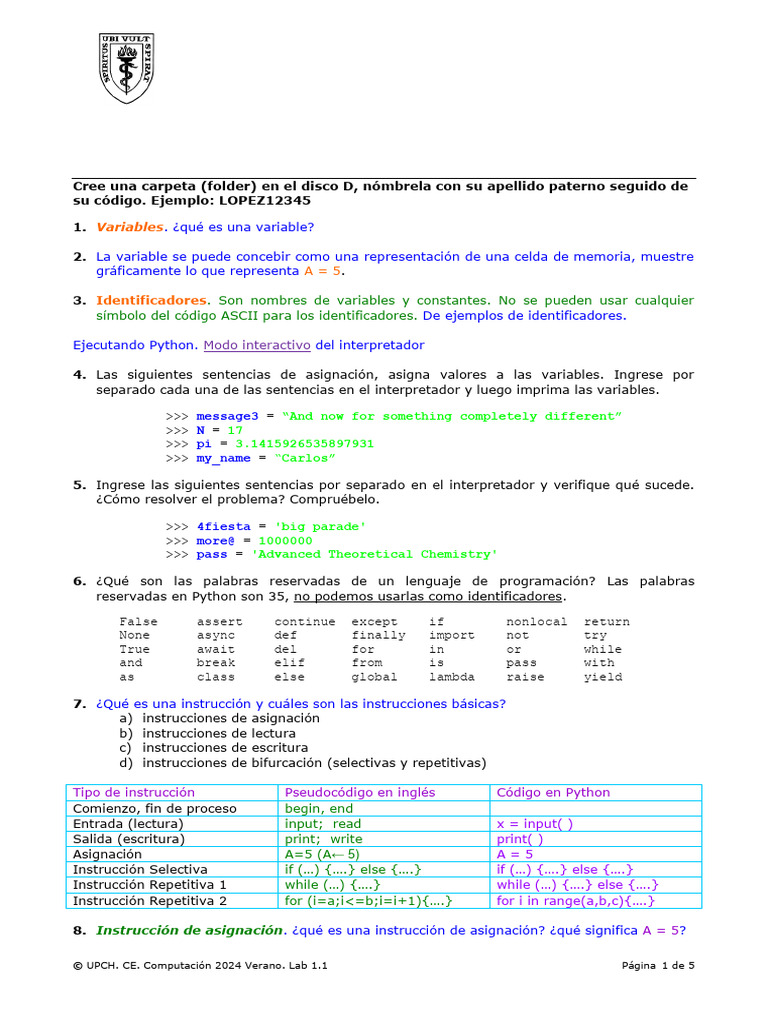 Lab 1.1: Variables y Expresiones en Python | PDF | Python (lenguaje de ...