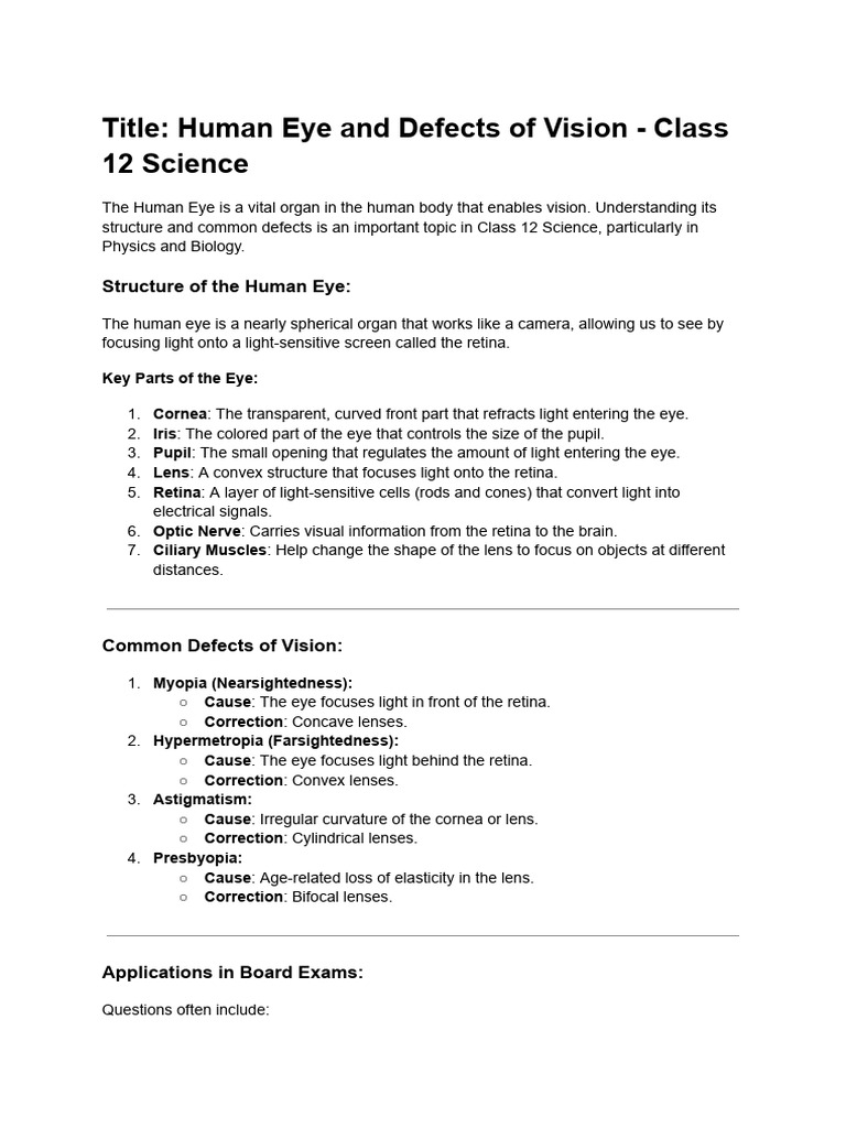 Title: Human Eye and Defects of Vision - Class 12 Science | PDF