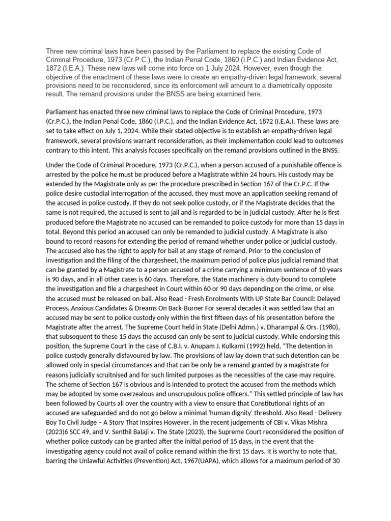 Analysis of BNSS Remand Provisions | PDF | Arrest | Criminal Procedure ...
