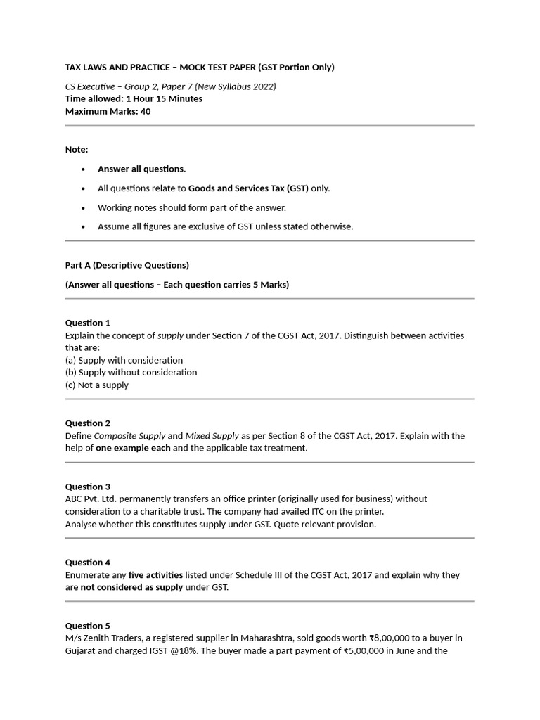 GST Mock Test Paper for CS Executive | PDF | Taxation | Payments