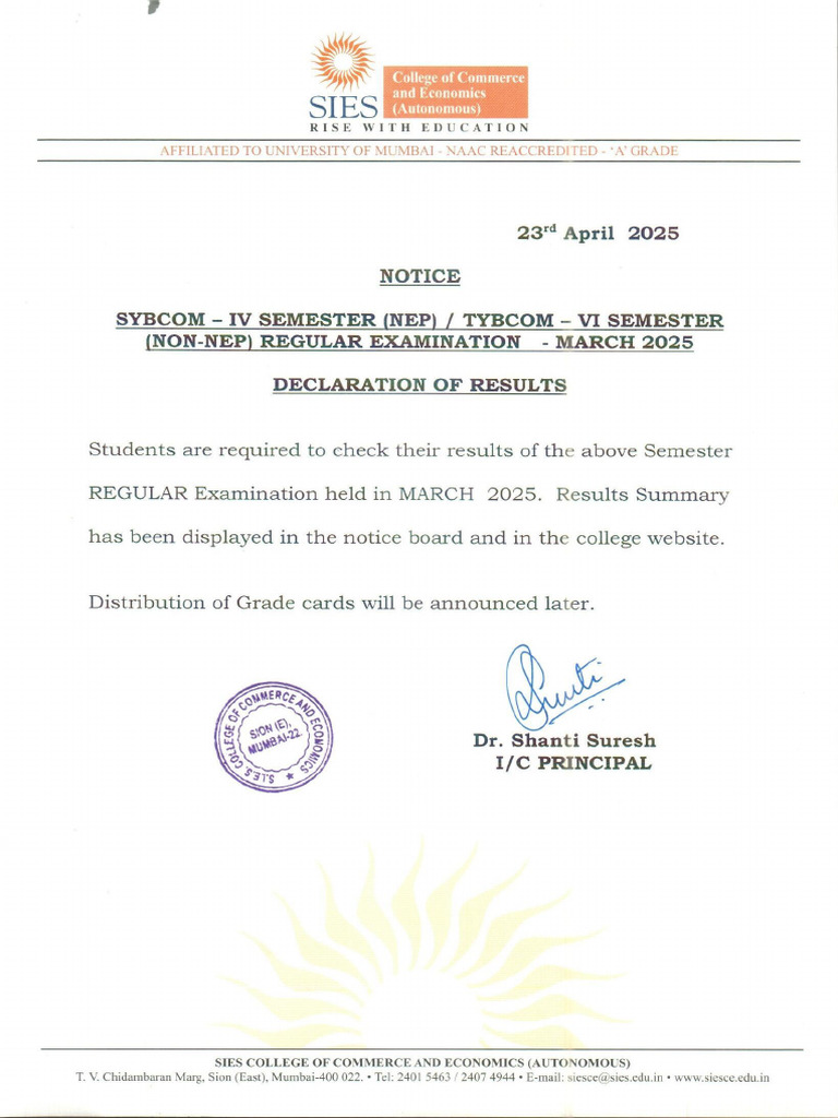 Declaration of Results SY&TYBCOM SEM IV & SEM VI Supplementary Result ...