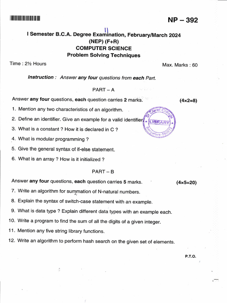 Problem Solving Techniques Exam Paper | PDF | Data Type | Pointer ...