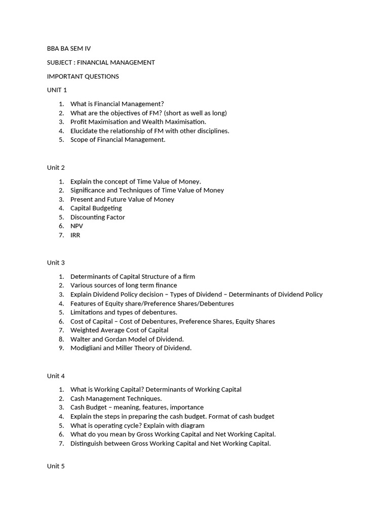BBA Financial Management Important Questions | PDF