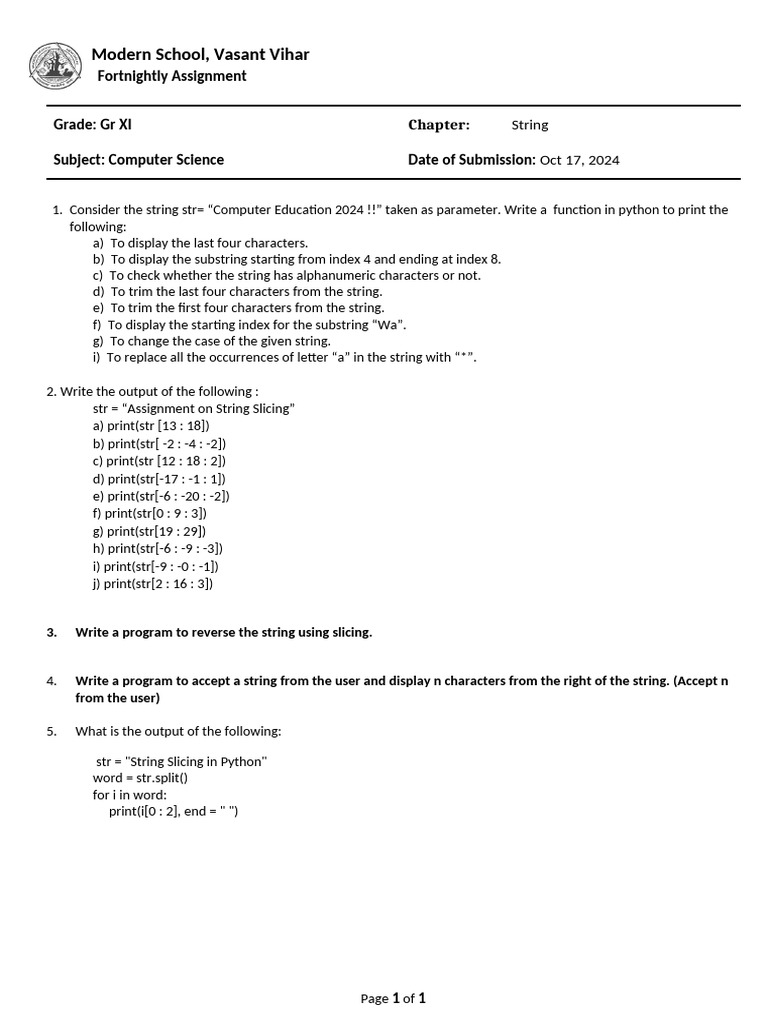 Assignment CS GR XI - String | PDF