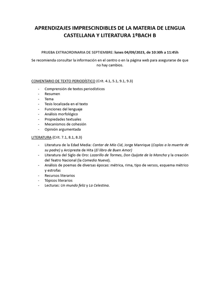Aprendizajes Clave Lengua y Literatura 1º Bach | PDF