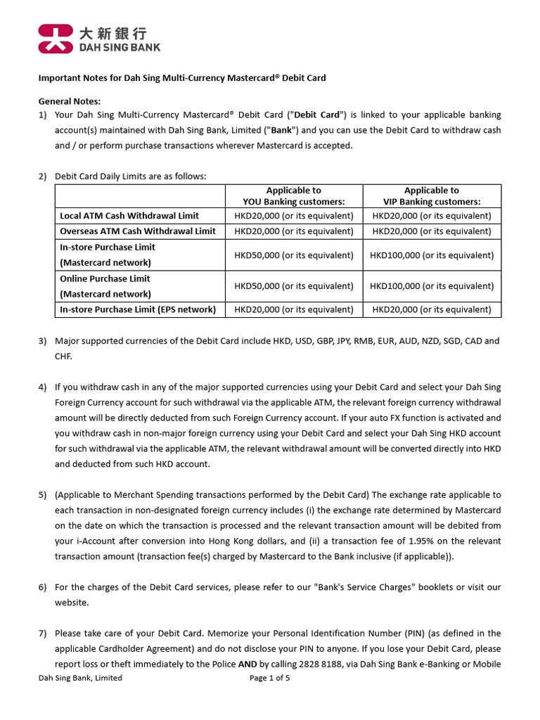 Dah Sing Multi-Currency Debit Card Guide | PDF | Debit Card | Personal ...
