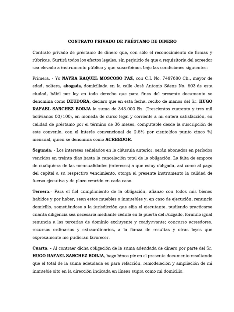 Contrato Privado de Préstamo de Dinero H.S.B | PDF | Pagos