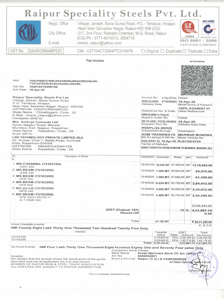 Raipur Speciality Steels Invoice Details | PDF | Business Documents