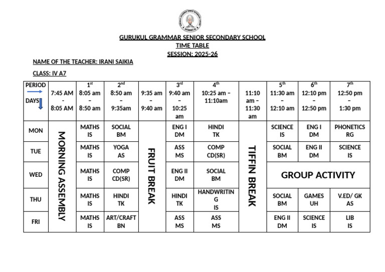 CLASS IV A7 Class Routine | PDF