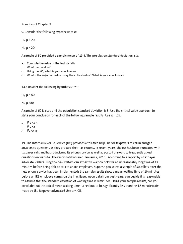 Hypothesis Testing Exercises and Analysis | PDF