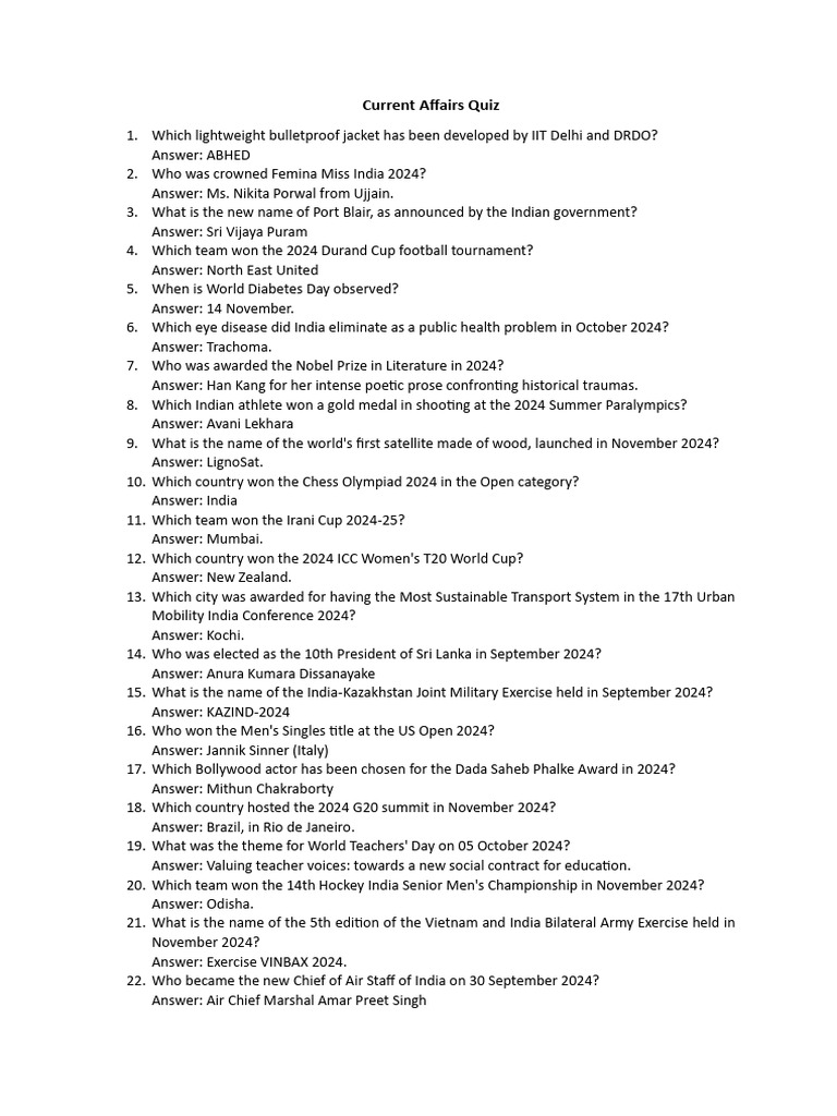 Current Affairs Quiz - 2024 | PDF
