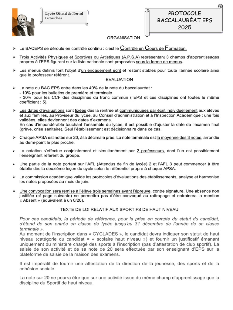 Protocole BAC EPS 2025 Lycée Nerval | PDF