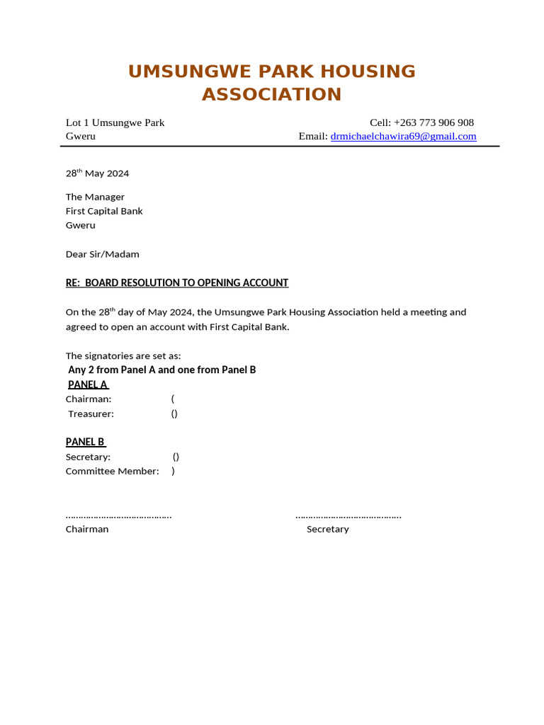 Umsungwe Housing Association - Board Resolution - Account Opening | PDF