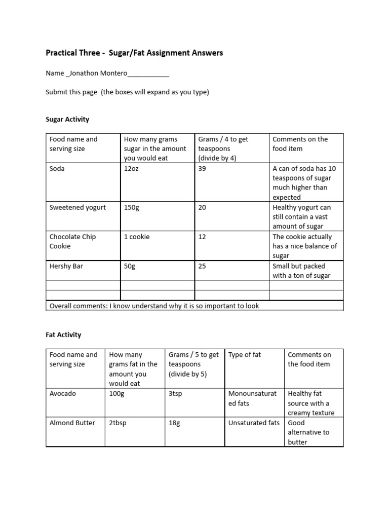 Practical Three Sugar Fat Sheet | PDF | Fat | Foods