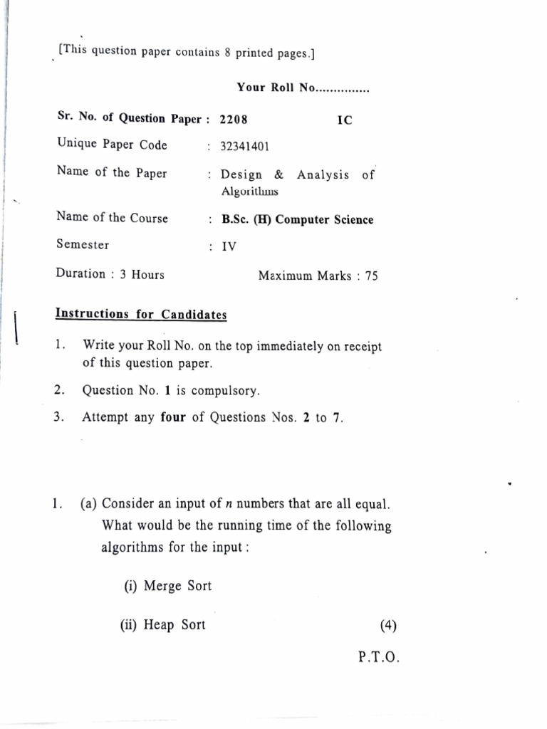Design & Analysis of Algorithms Exam | PDF | Algorithms | Computer ...