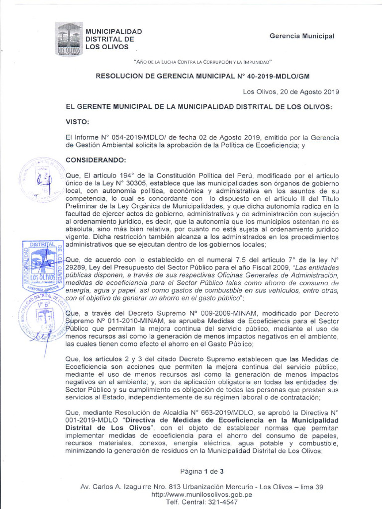 Resolucion de GM Politica de Ecoeficiencia 040-2019 | PDF