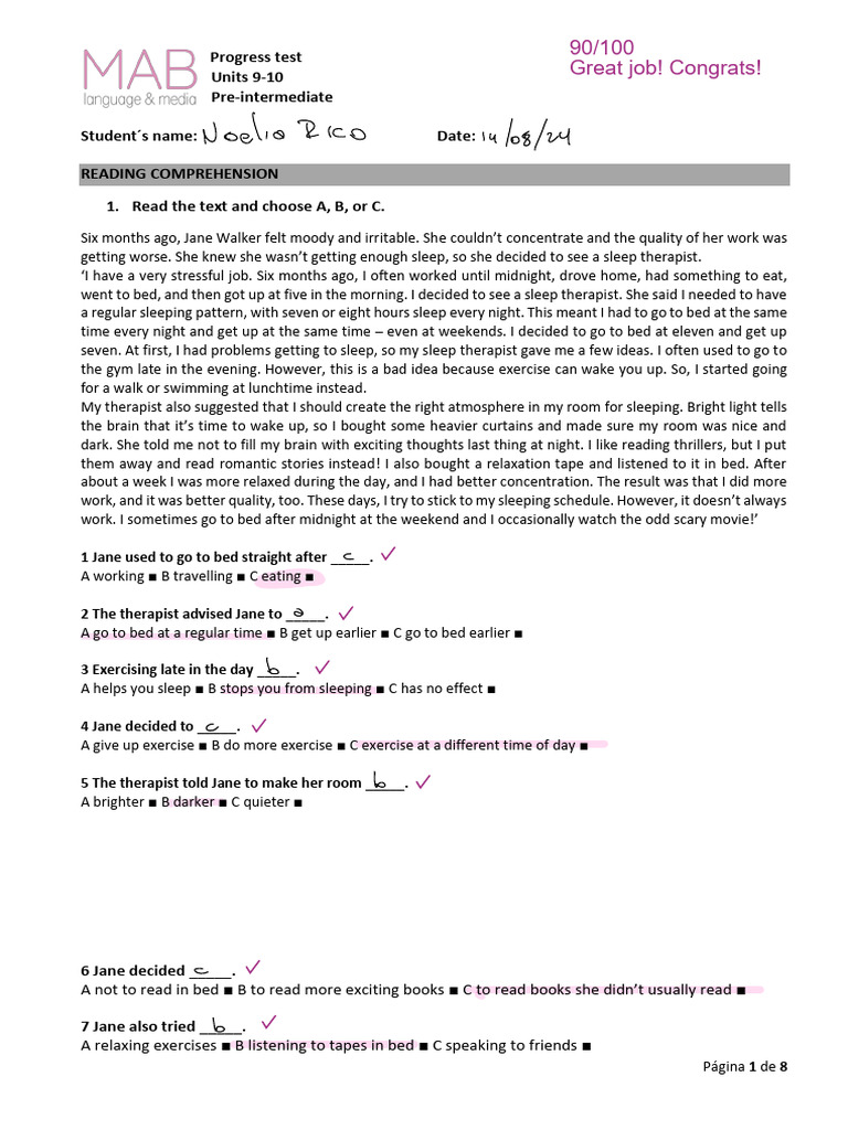 Pre-Intermediate Progress Test Units 9-10 | PDF | Sleep