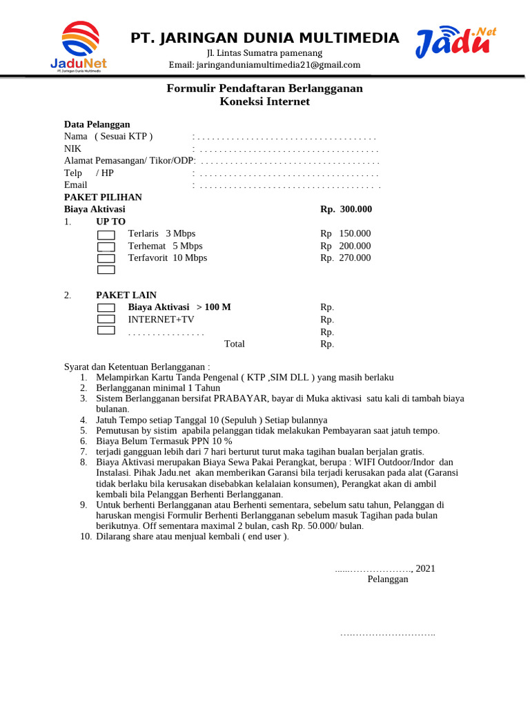 Formulir Pendaftaran Internet FSSD 622 | PDF