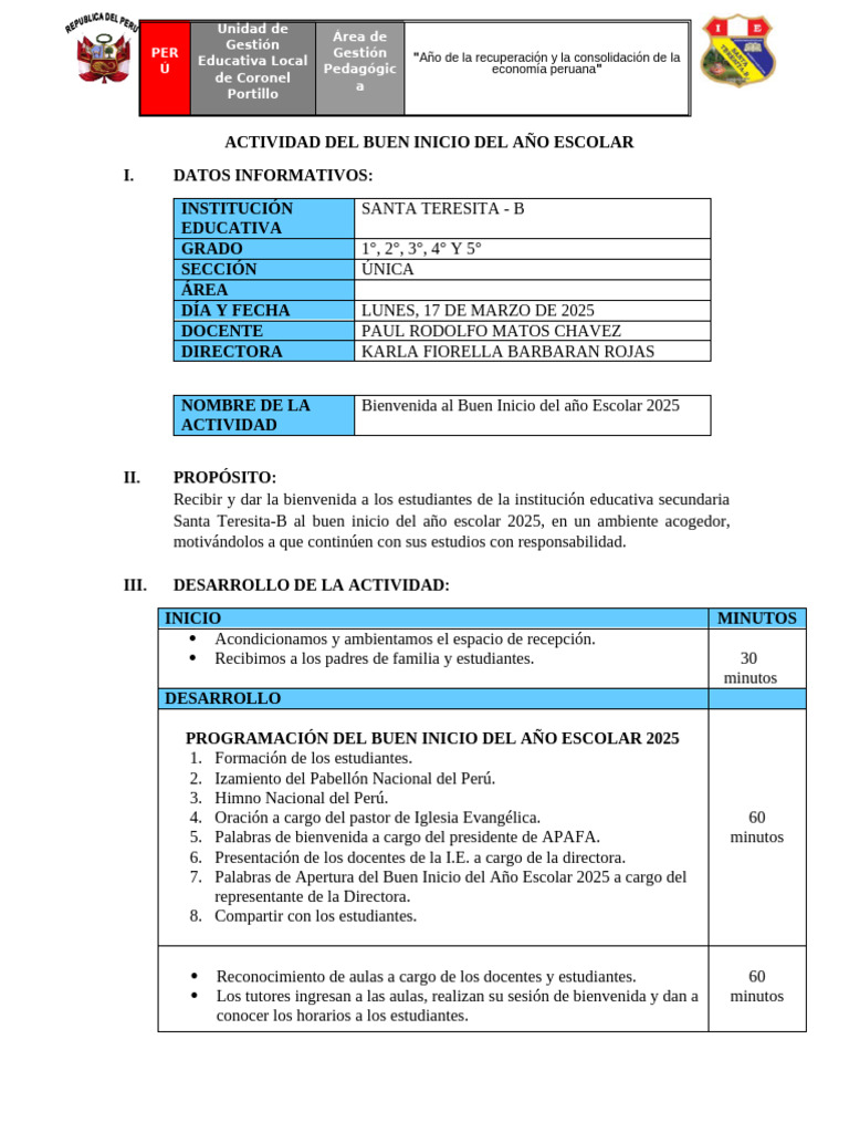 Actividad BUEN INICIO DEL AÑO ESCOLAR 2025 | PDF | Maestros | Aprendizaje